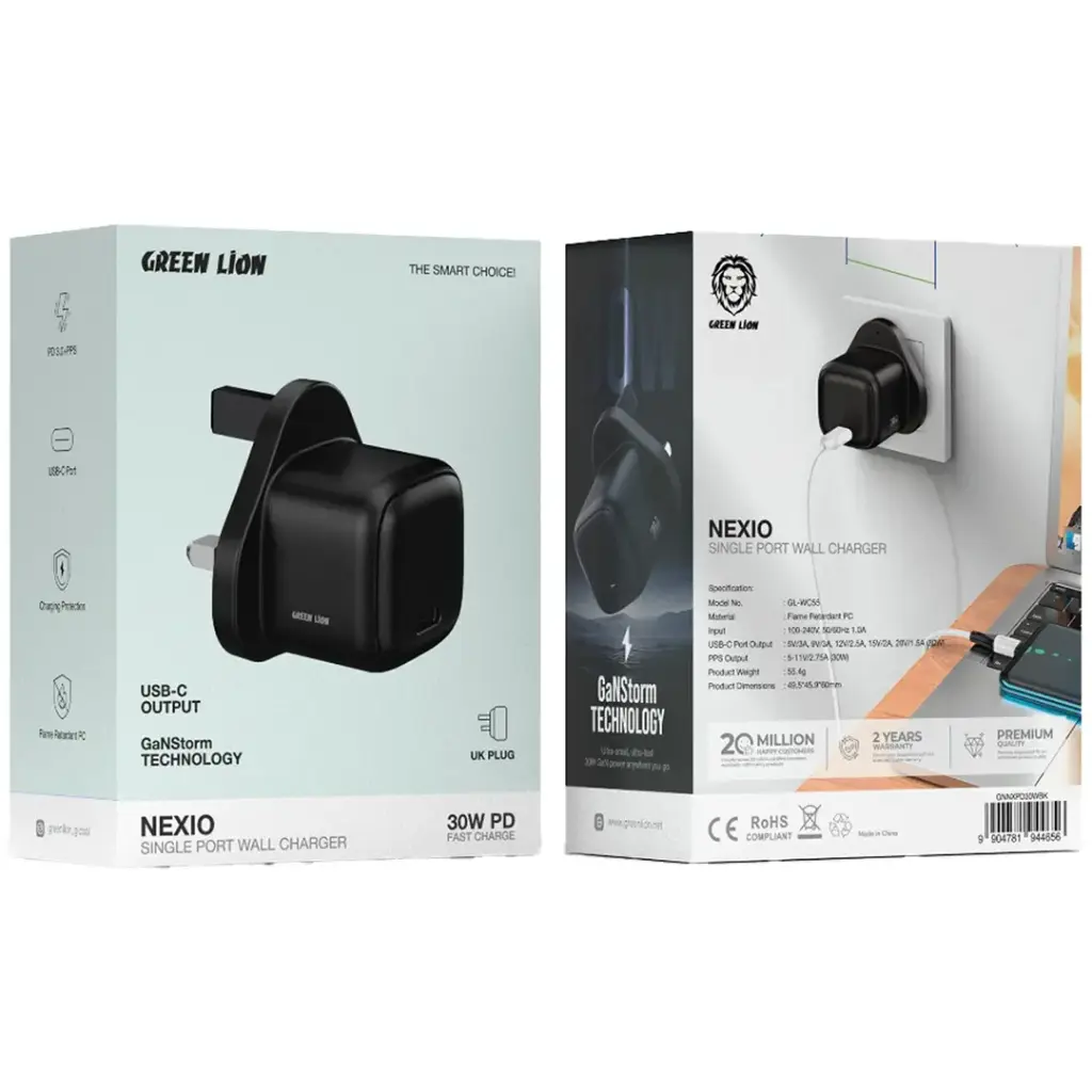 Green Lion Nexio Single Port Wall Charger UK Plug 30W - Black2